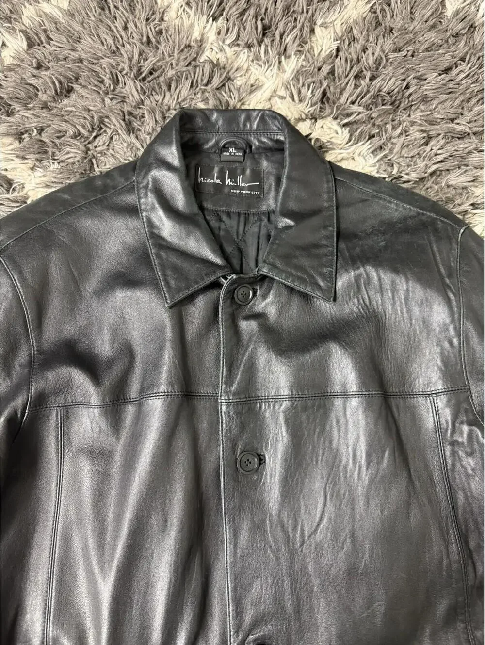 VTG Nicole Miller New York Black 100% Genuine Leather Jacket Quilted Pockets XL